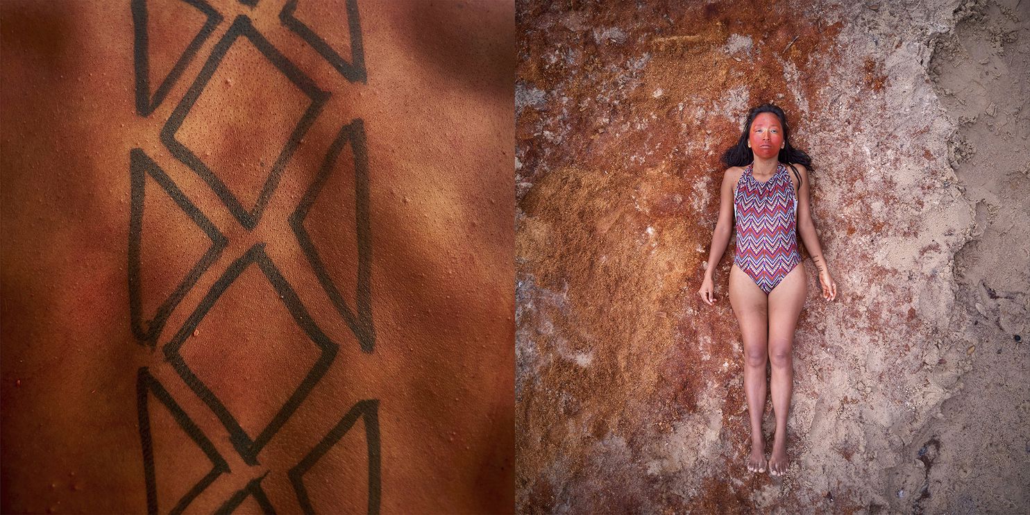 Tupi, 29, became a rainforest defender after a personal process of identity-building that has made her proud of her Tupinamba ethnic origins. She became the first woman in her village to assert that she had faced violence. That was the first step to addressing the issue of gender violence in her village, Sao Francisco, in the Extractivist Reserve of the Tapajós-Aparapiuns rivers. She has encouraged other Indigenous women to tell their stories and fight gender violence. Tupi leads a women's support group and has joined the Suraras do Tapajós, a group of Indigenous women who defend their identity and the surrounding rainforest territory through activism and traditional music. Right: Tupi in her home village. Left: The territory that Tupi defends: the body of the Indigenous women. On her back she has body paint representing a snake, as a symbol of strength. Image by Pablo Albarenga. Brazil, 2019. Tupi, 29, became a rainforest defender after a personal process of identity-building that has made her proud of her Tupinamba ethnic origins. She became the first woman in her village to assert that she had faced violence. That was the first step to addressing the issue of gender violence in her village, Sao Francisco, in the Extractivist Reserve of the Tapajós-Aparapiuns rivers. She has encouraged other Indigenous women to tell their stories and fight gender violence. Tupi leads a women's support group…