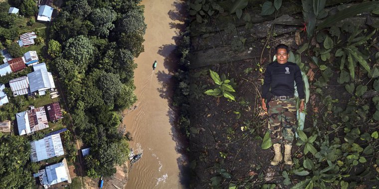 On the right, José Gregorio poses for an aerial portrait showing the front of his organization's shirt. On the left, an aerial view of the Amazon rainforest that surrounds the Amacuyacu river in Colombia.