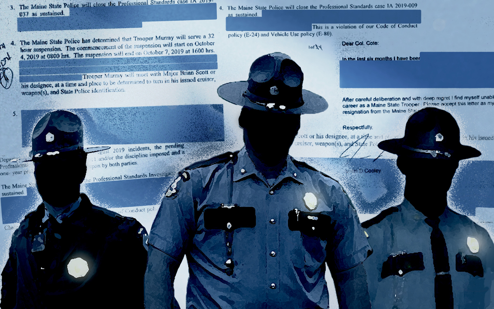 An illustration of three police officers against a background of text.