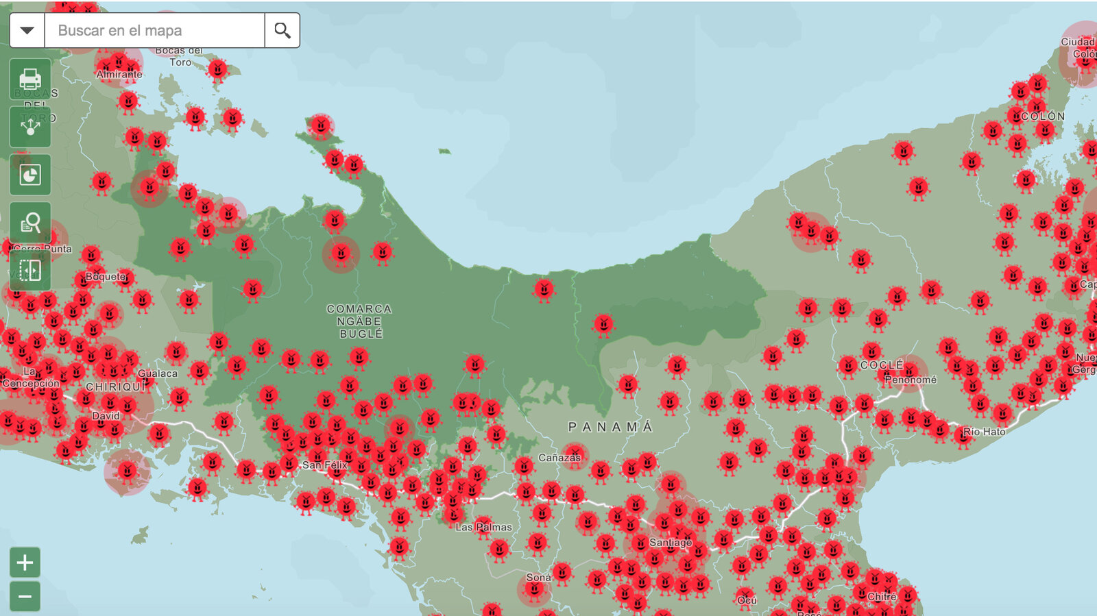 Image of map of Panama with daily reported COVID-19 cases.