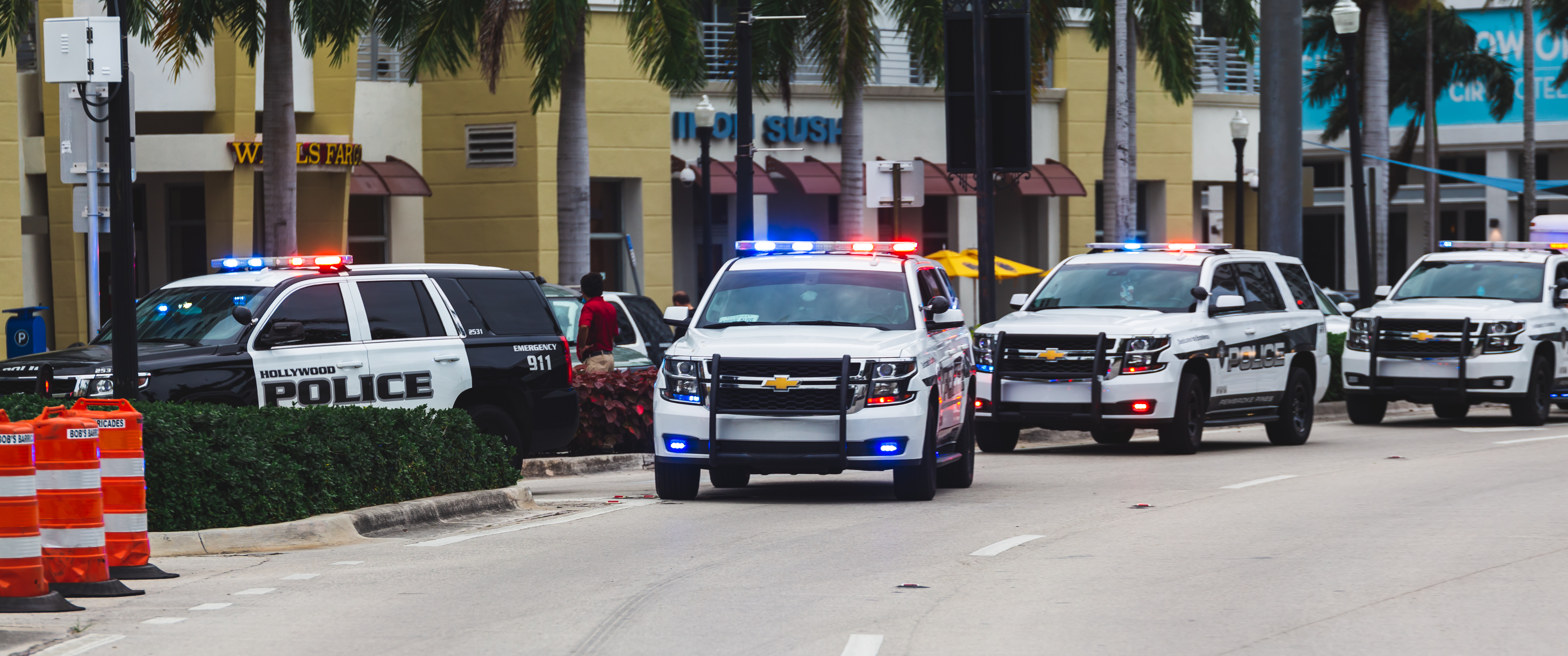 Police vehicles line up on a road.