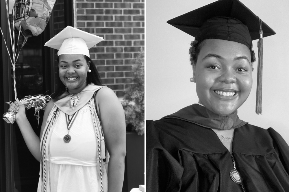 photos of Jamaija at high school and college graduations