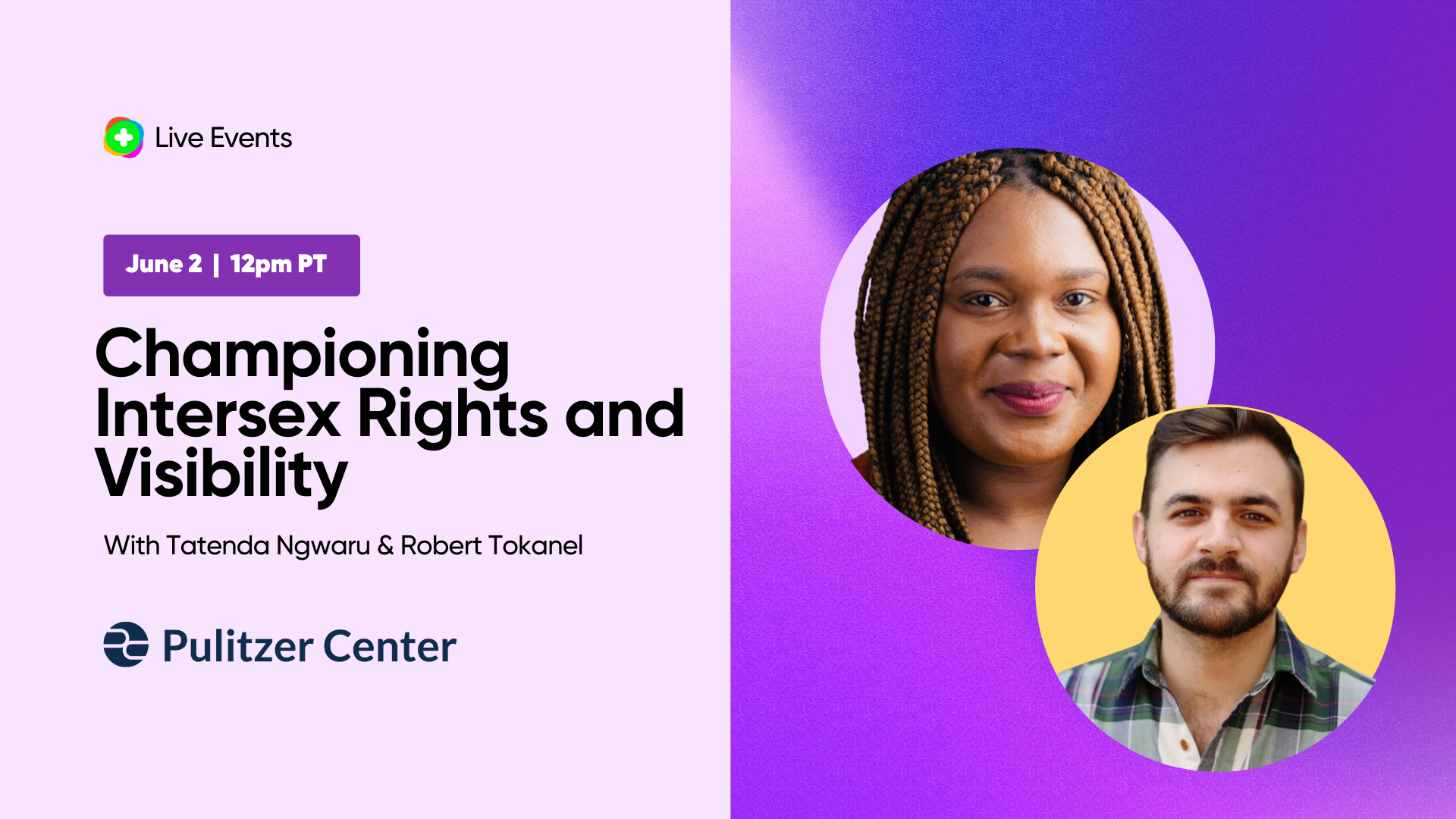 Purple graphic with headshot photos of Tatenda Ngwaru and Robert Tonkel on the right, and event details on the left including date, time, and title.,