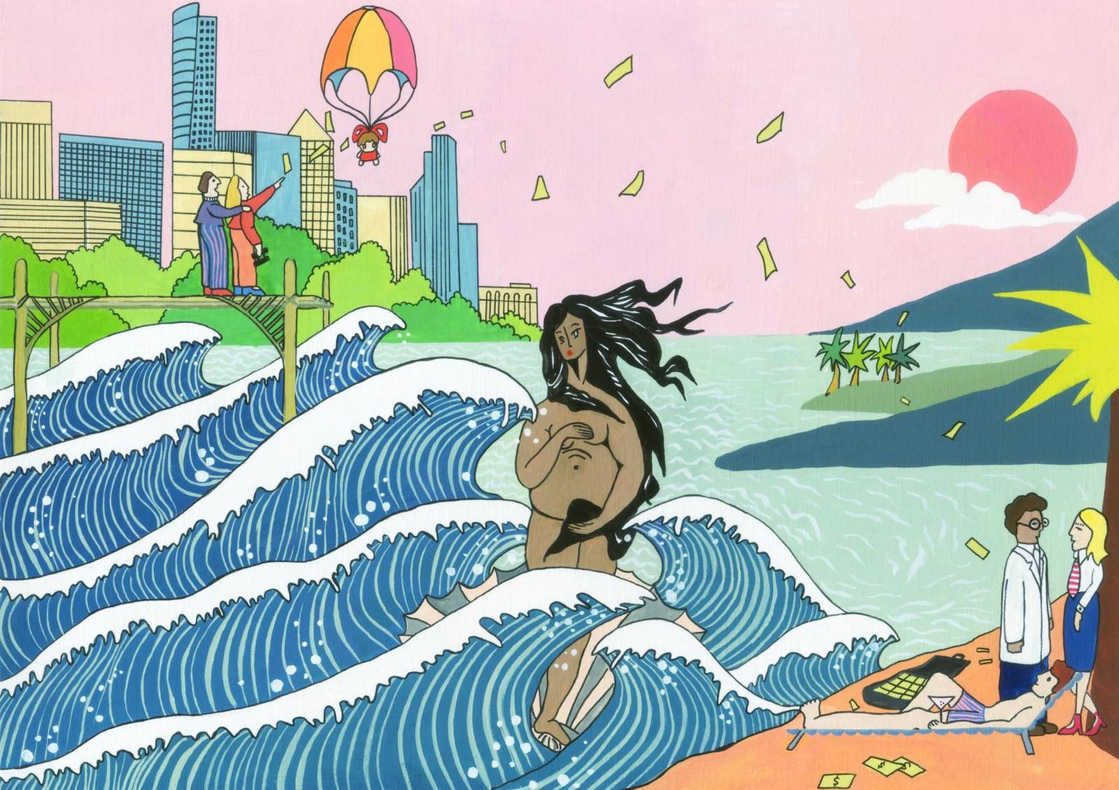 surrogacy project page art.jpeg An illustration of a pregnant person standing among tidal waves