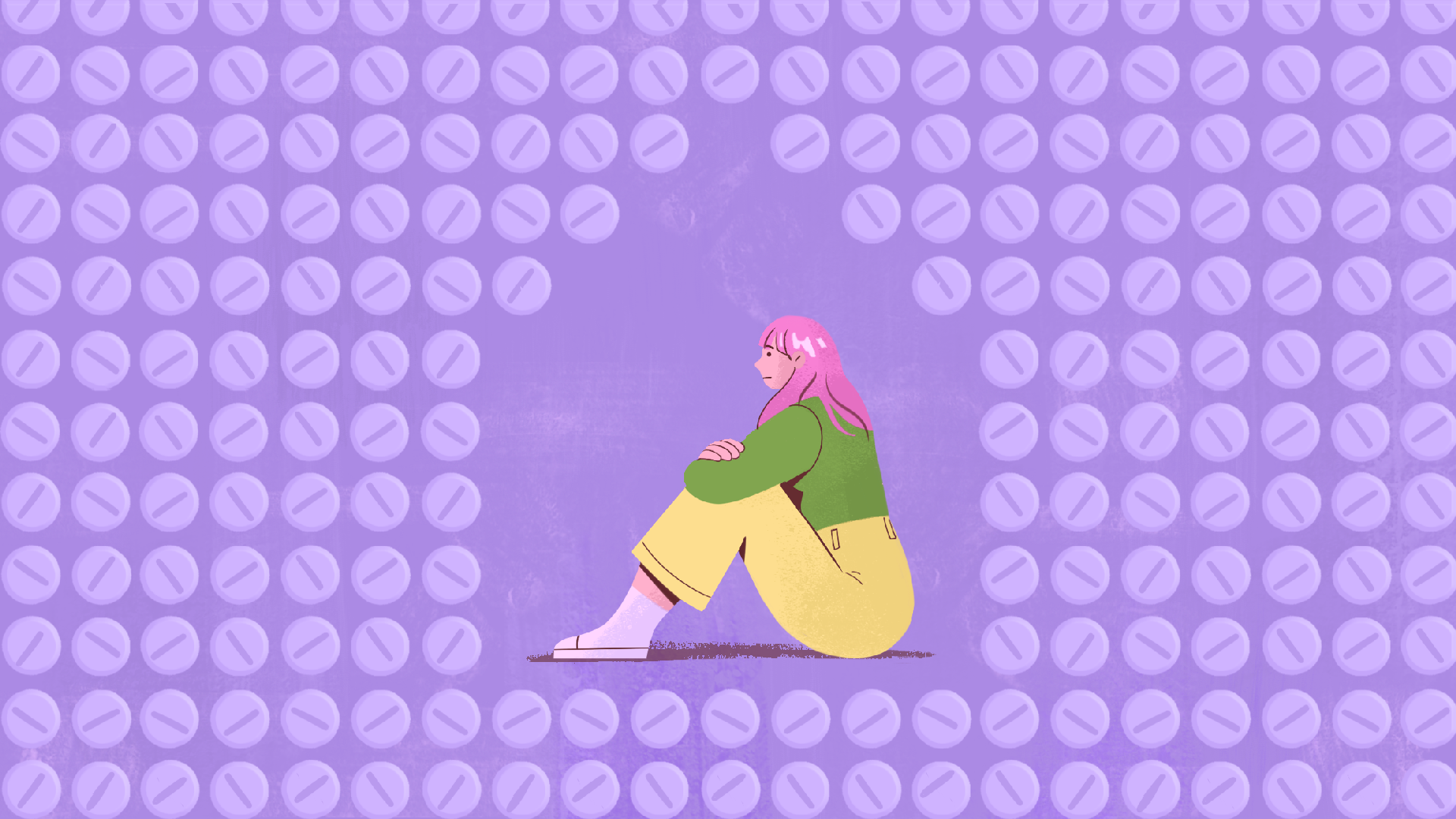 Illustration. A young woman sits on the ground and is surrounded by pills.