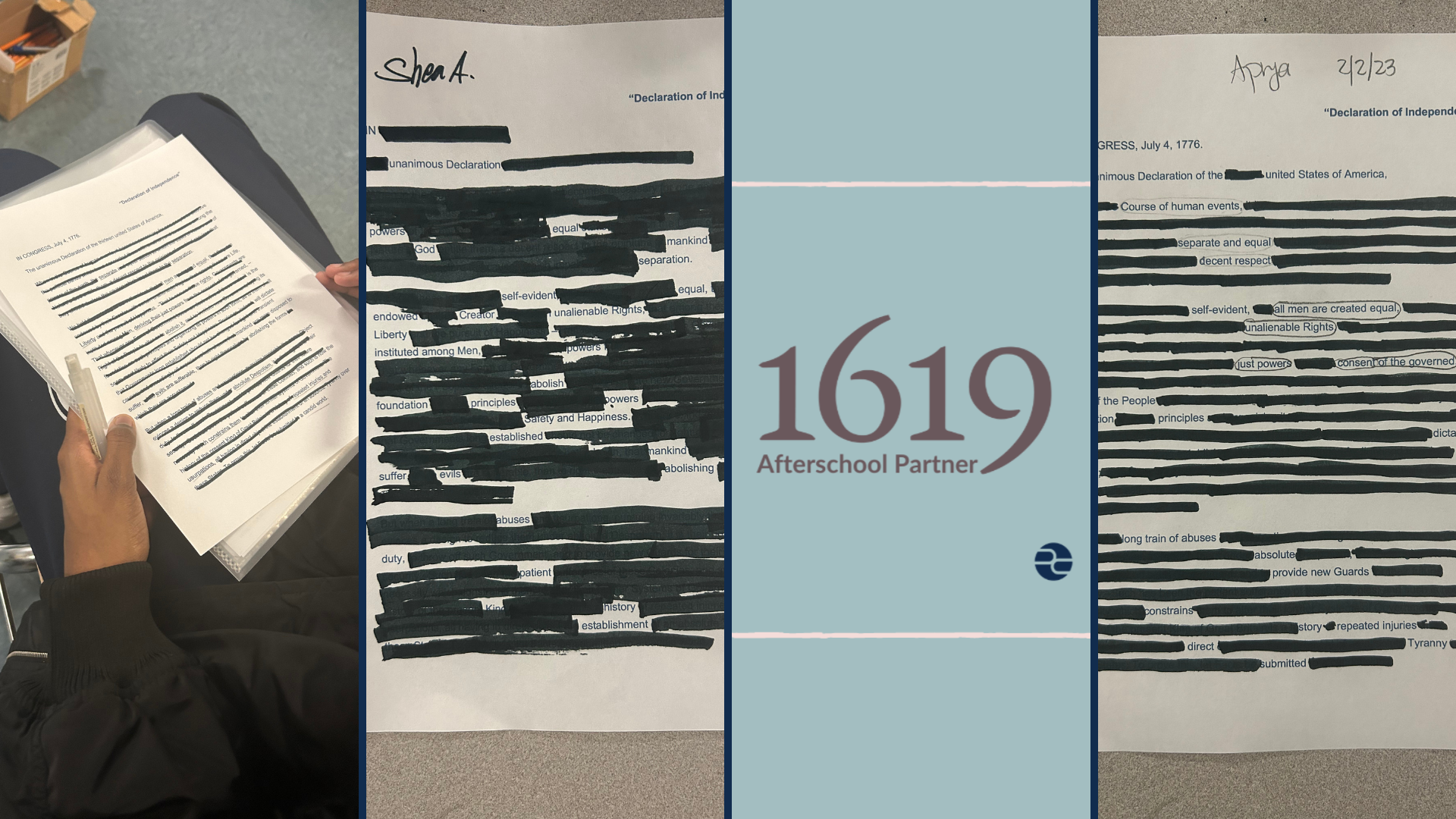 Collage showing erasure poems created by Adriana Bland's students