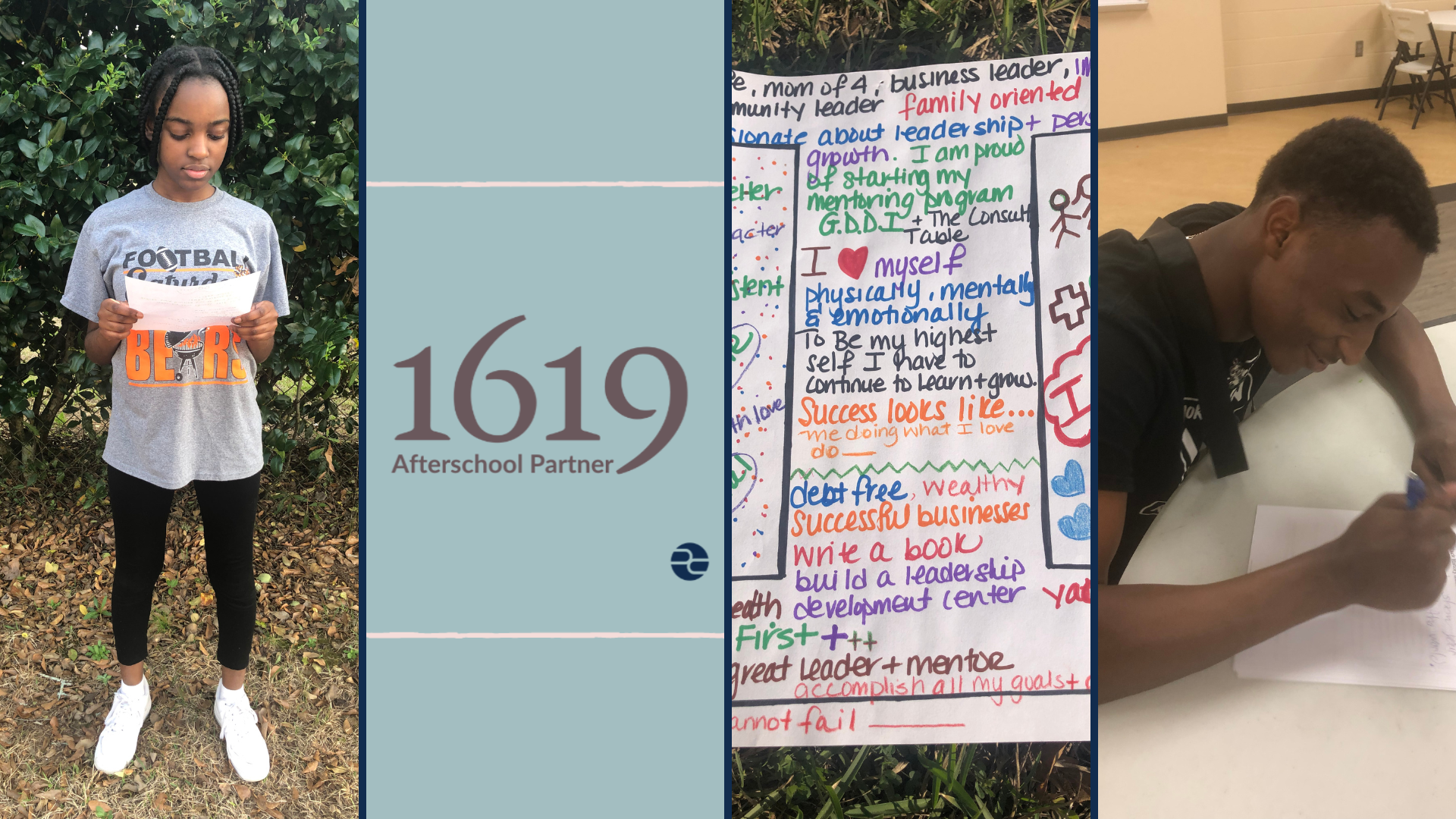 Collage of students writing and performing creative pieces.