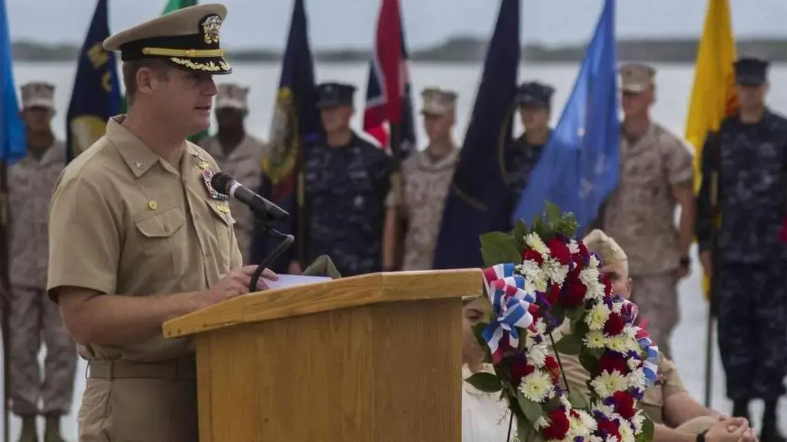 Capt. John “J.R.” Nettleton, then commanding officer of Navy base Guantánamo Bay, Cuba, delivers remarks during a Battle of Midway commemoration ceremony on June 3, 2014. Pentagon handout photo/Image courtesy of McClatchy.