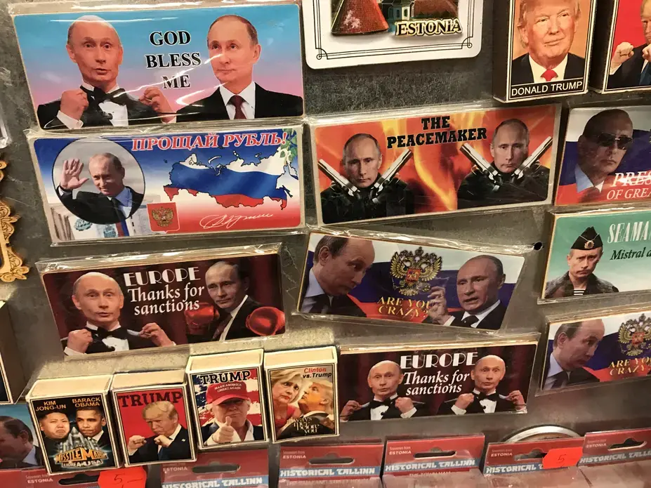 Souvenir magnets in the Estonian capital of Tallinn depict pro-Putin novelties.