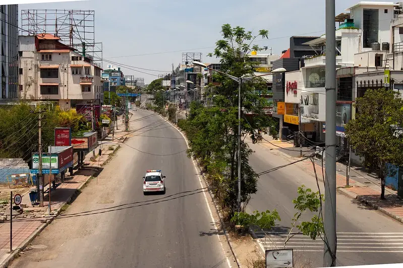 The coronavirus curfew in Bangalore: police and food delivery services are the only traffic as the country's IT hub moved to working remotely. Image by Nicolas Mirguet / Flickr. India, 2020.