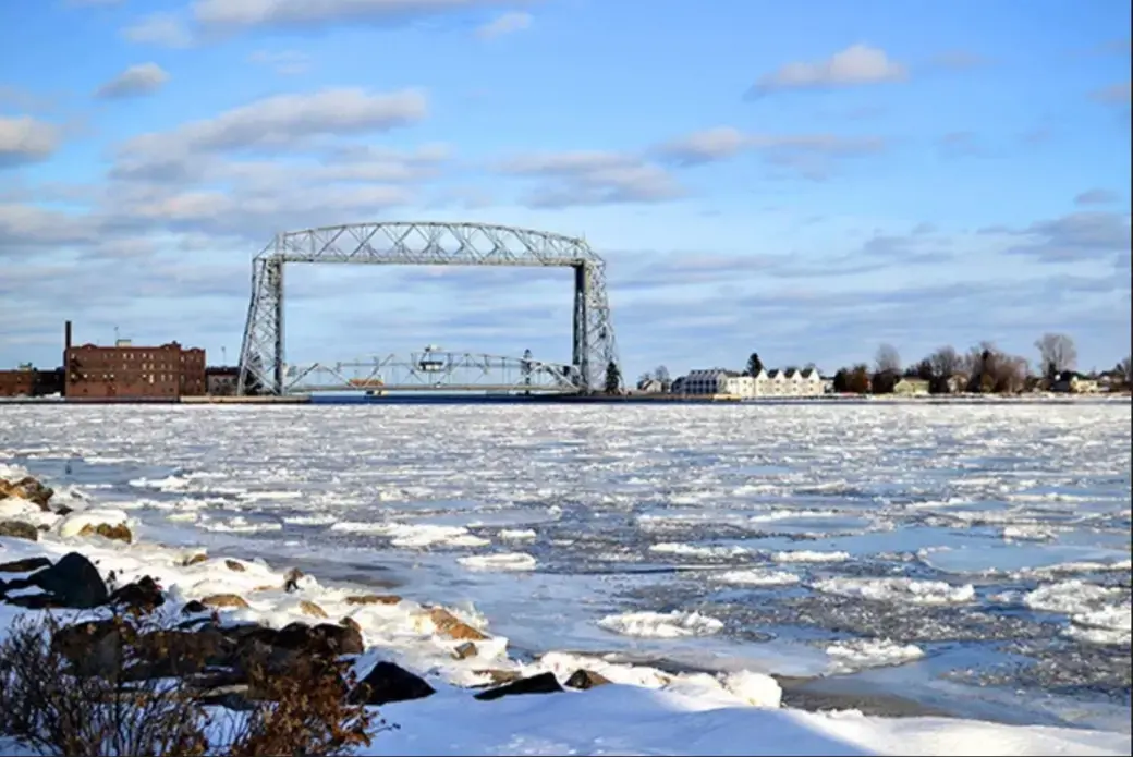 Duluth's Aerial Lift Bridge, a city landmark and passageway for ships between the city's port and Lake Superior. Image by Walker Orenstein / MinnPost. United States, undated.