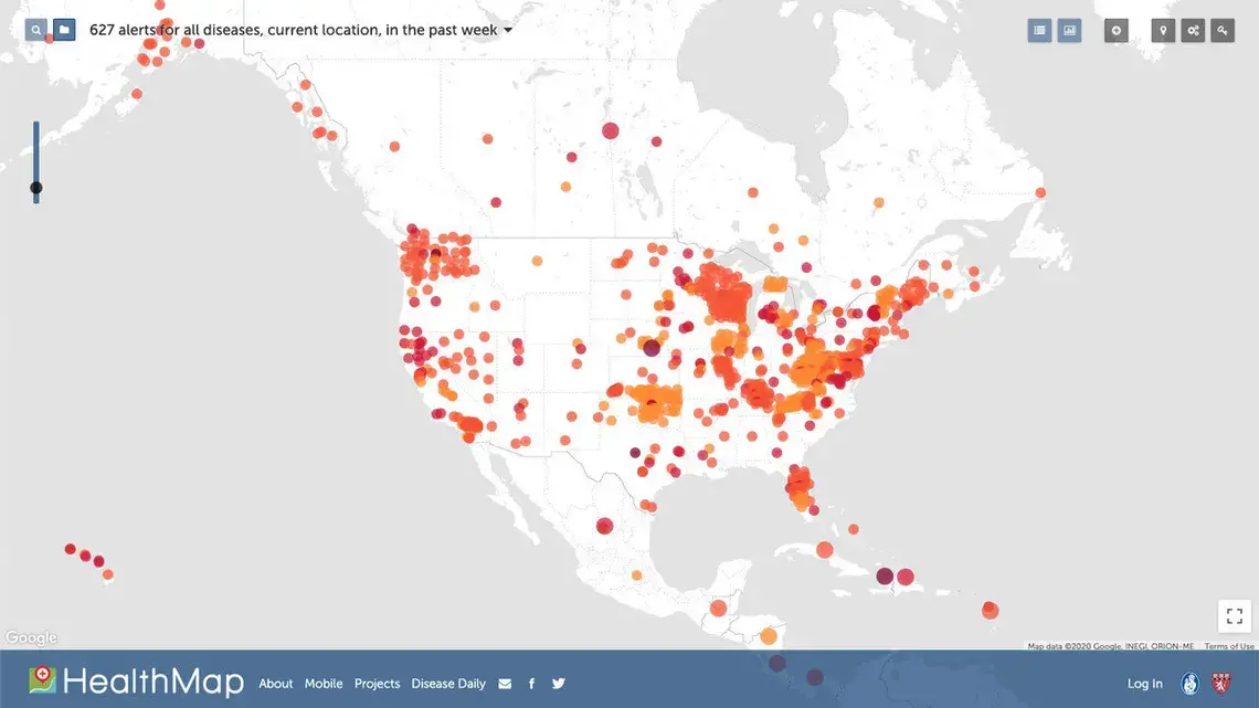 HealthMap uses artificial intelligence and data mining to spot disease outbreaks and issue location-specific alerts (colored dots) on COVID-19 and other diseases. It sounded an early alarm on the pandemic. Image by HealthMap. United States, 2020.