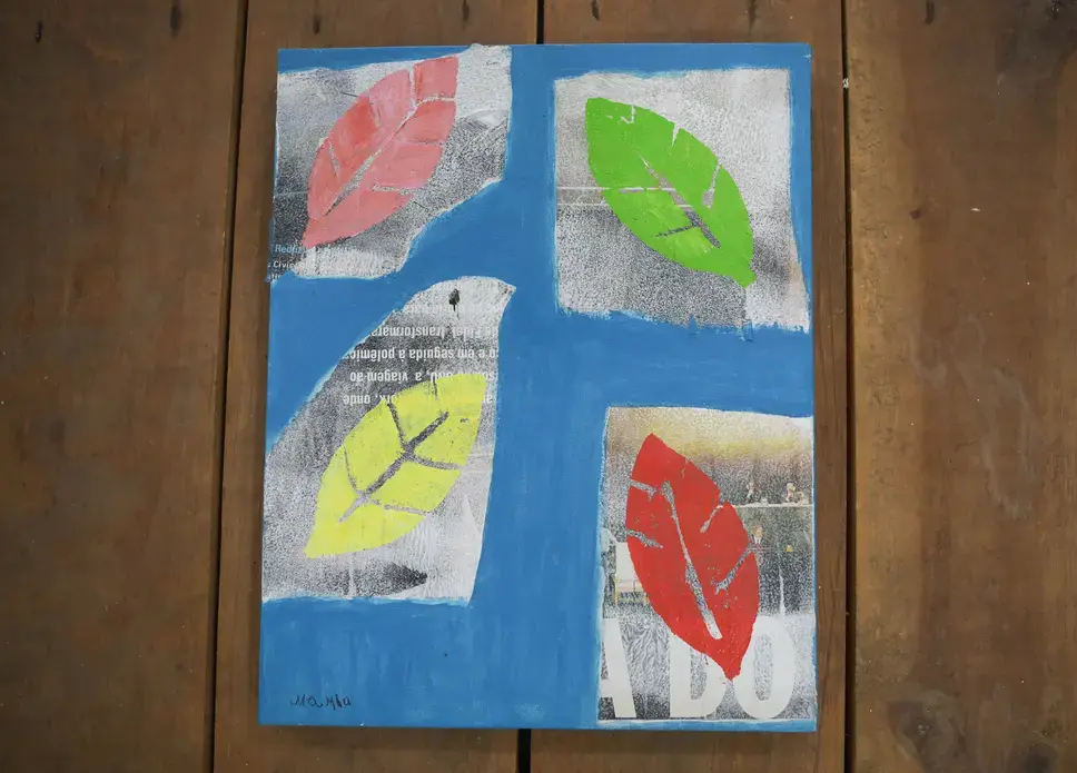 According to Maria da Silva Trindade this painting, which she created with a paper collage and stencils, represents the seasons. Image by Anton L. Delgado. Brazil, 2020.