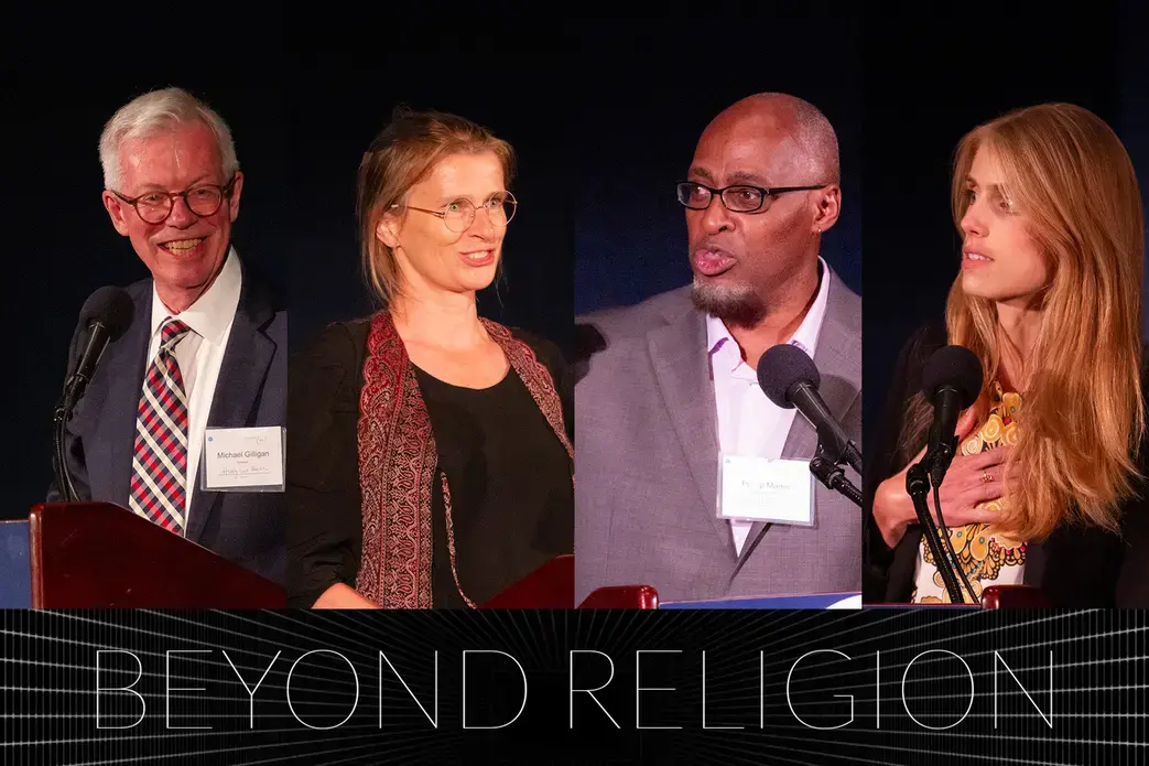 Michael Gilligan, president of the Luce Foundation, and photojournalist Monika Bulaj, investigative reporter Phillip Martin, and freelance journalist Sarah Aziza speak at the National Press Club during Saturday's dinner at the Pulitzer Center's Beyond Religion Conference. Image by Jin Ding. United States, 2019.
