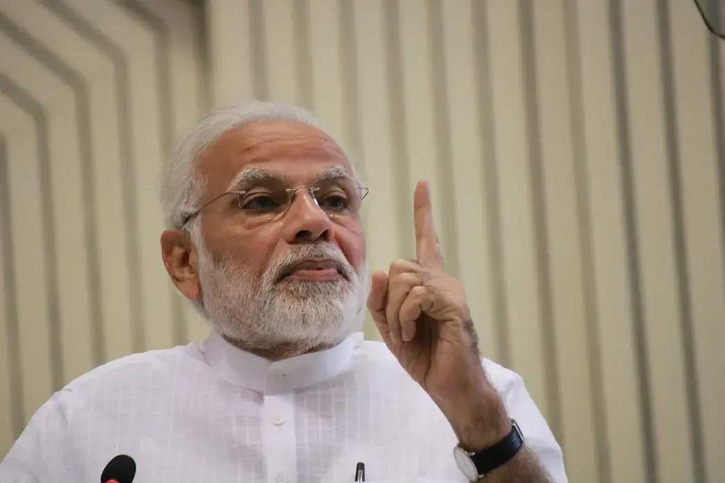 Prime Minister Narendra Modi addresses the Y4D Foundation New India Conclave at Vigyan Bhavan in New Delhi. Image by Shutterstock. India, 2018.