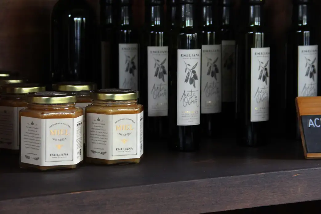 Honey and olive oil sold at Emiliana Vineyards as a part of the Social Responsibility Program. Image by Taylor Lord. Chile, 2017.