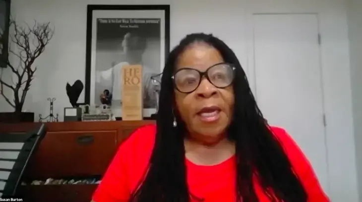 Screenshot of author Susan Burton speaking at a Talks @ Pulitzer webinar on June 16, 2020.