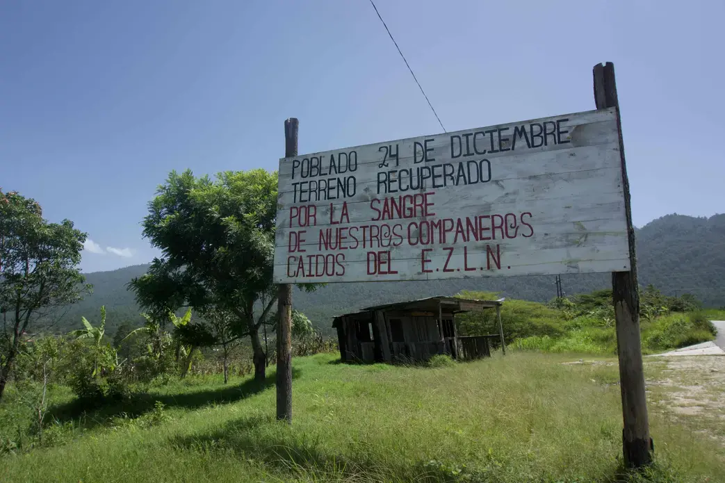 "Populated the 24th of December. Land Recovered through the blood of our fallen compañeros of the EZLN" [the Spanish acronym for the Zapatista National Liberation Army]. Image by Jared Olson. Mexico, 2018.