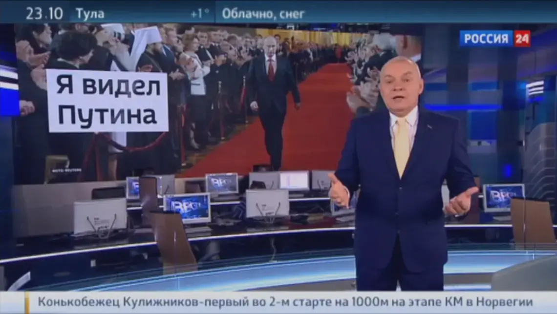 Dmitry Kiselyov on Russia One. Image by PBS Newshour. Russia, 2017.