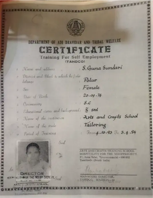 Gunasundari’s certificate given to her after she completed tailor training at the Ulaga Matha Church. Image by Praveena Somasundaram. India, 2017.