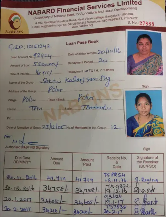A loan certificate given to the Sakthi Pengal Munnettra Sangam group allows them to grant individual loans to women. Image by Praveena Somasundaram. India, 2017.