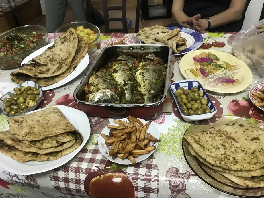 The lunch prepared by Doha upon learning of the reporter's visit to her farm. Image by Carly Graf. West Bank, 2019.