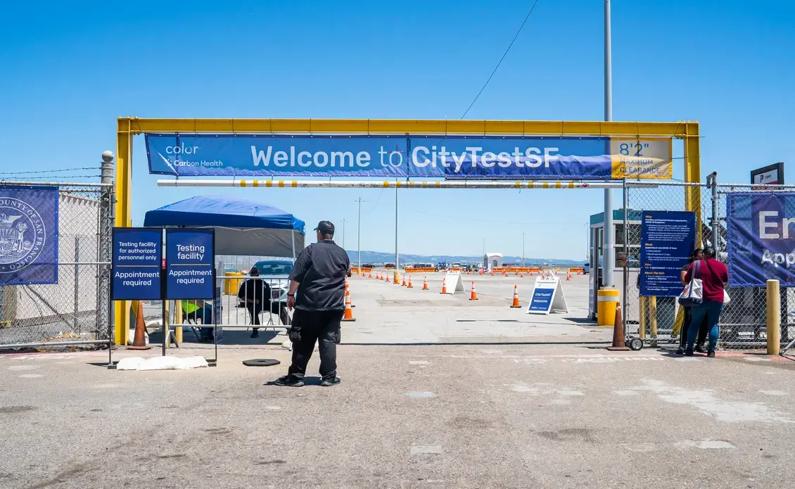 A COVID-19 testing center in San Francisco, California. Image by Hunter Crenian / Shutterstock. United States, 2020.