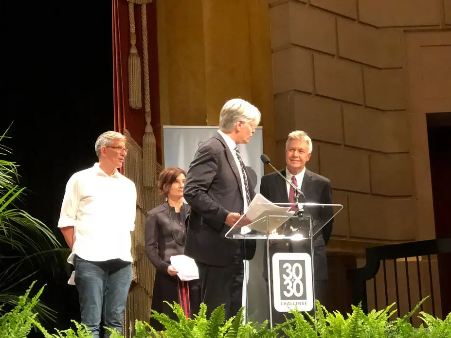 The Rainforest Journalism Fund launch event. At podium: Norway Minister of Climate Ola Elvestuen; right: Pulitzer Center founder and Executive Director Jon Sawyer; left: Amazon advisory board chair Jonathan Watts and board member Eliane Brum. Image by Kem Knapp Sawyer. United States, 2018. 