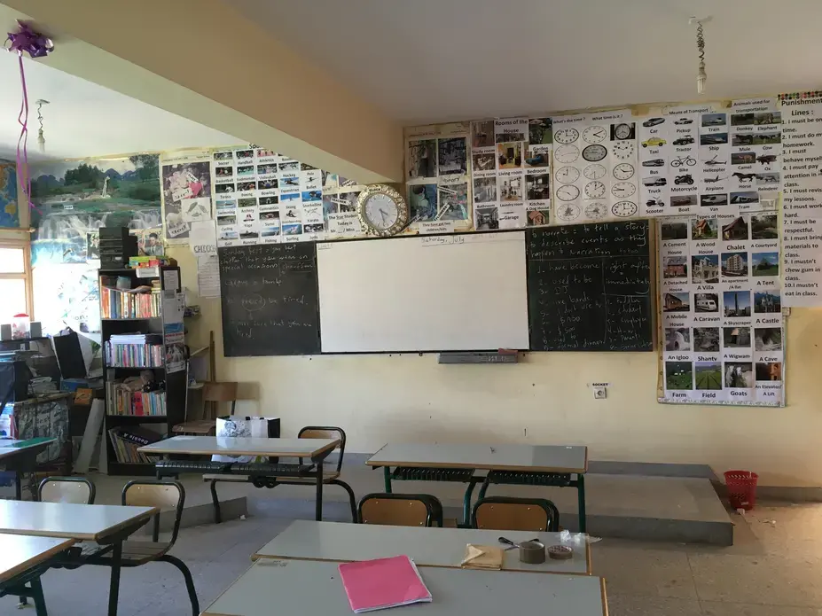 A classroom in Khenifra is decorated with posters and vocabulary lists. Image by Gareth Smail. Morocco, 2017.