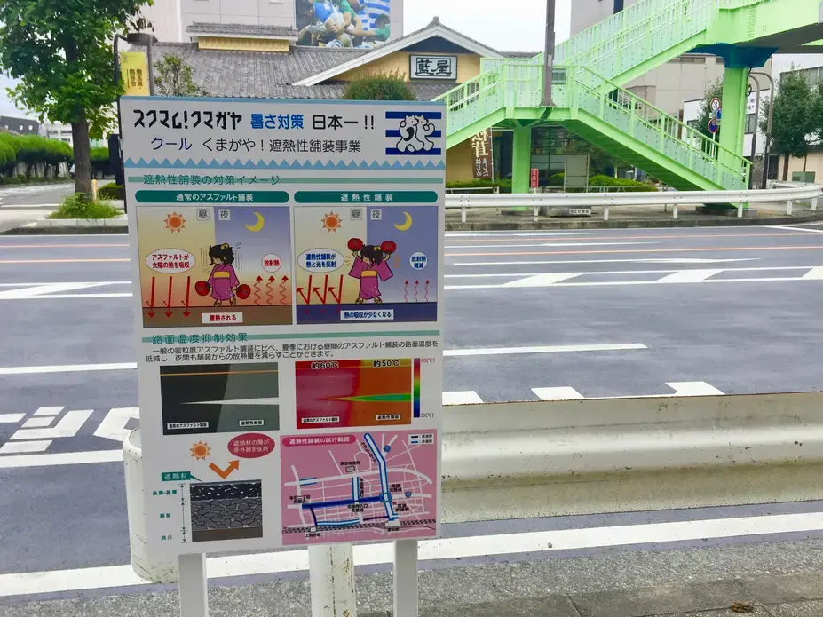 A sign next to a newly repaved road in Kumagaya explains how lighter asphalt reflects solar radiation and lowers temperatures in the city center. During the 2018 Heatwave, Kumagaya City recorded the highest-ever temperature in Japan at 41.1 degrees Celsius (106 degrees Fahrenheit), and its residents and government are adapting to the hotter world. Image by Daniel Merino. Japan, 2019.
