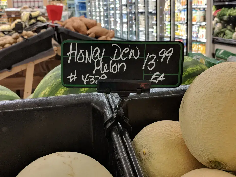 Honeydew melons, which would cost about $6 each in southern Canada, are on sale at Iqaluit's Arctic Ventures Marketplace for $13.99. Image by Julie De Meulemeester. Canada, 2018. 