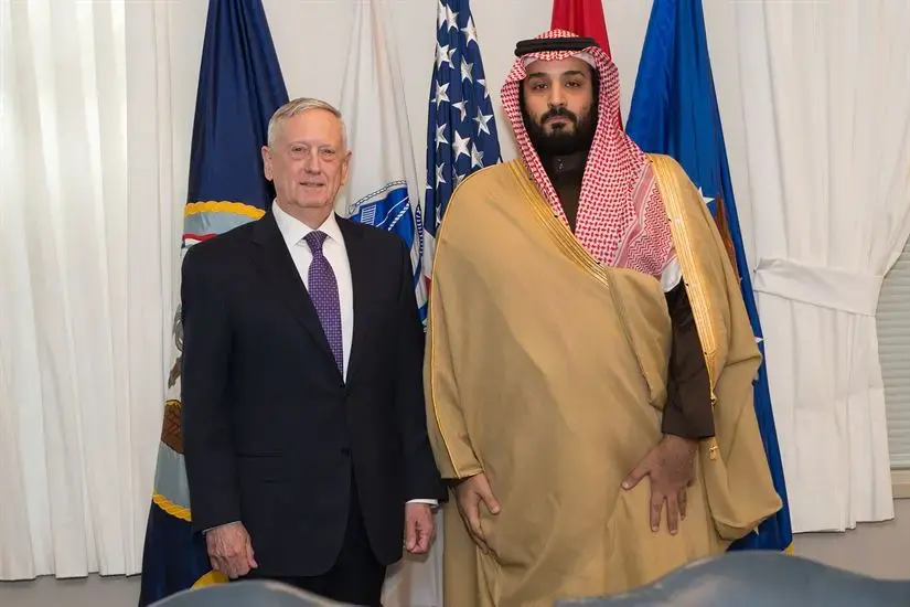 Defense Secretary Jim Mattis stands with Deputy Crown Price of Saudi Arabia and Defense Minister Mohammad bin Salman Al Saud before a bilateral meeting at the Pentagon in Washington, D.C., March 16, 2017. Photo by Army Sgt. Amber I. Smith, Department of Defense. United States, 2017.