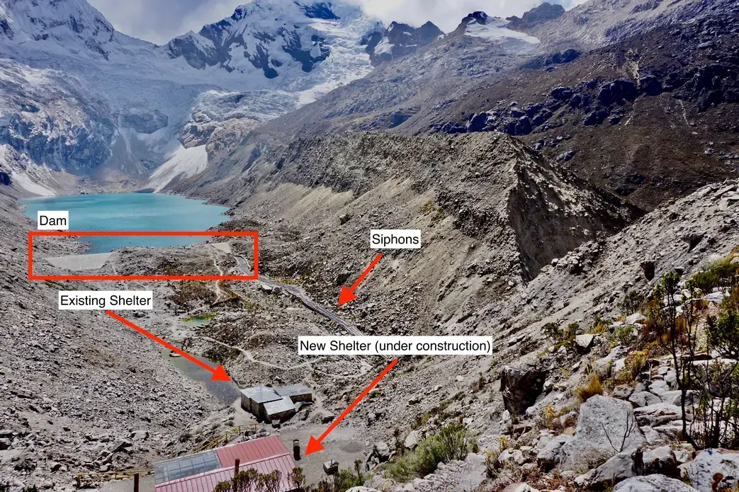 Lake Palcacocha and its monitoring equipment. Image by Audrey Fromson. Peru, 2019.