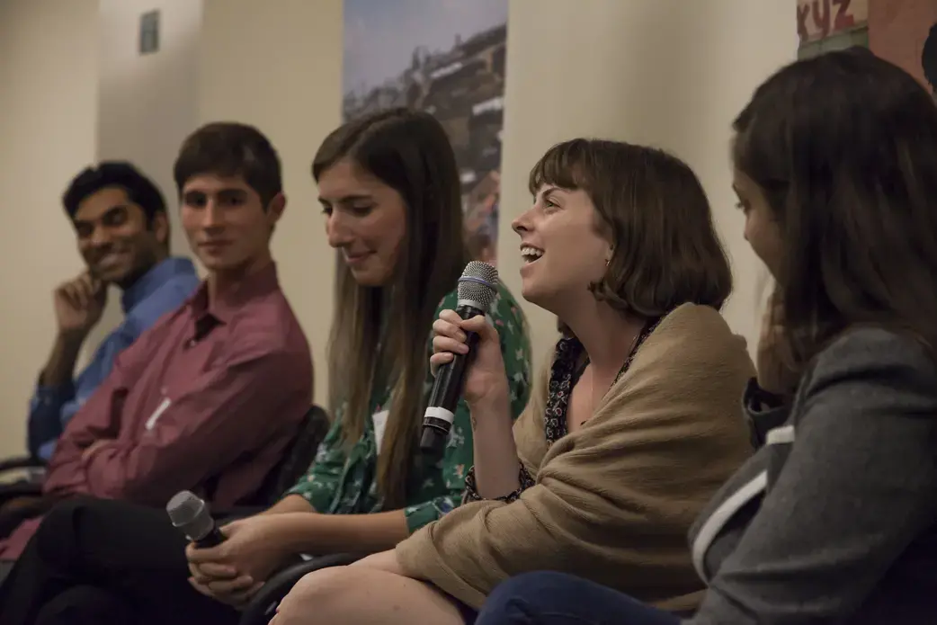 Student fellows Rohan Naik, Tomas Woodall Posada, Kiley Price, Meg Vatterot, and Jacqueline Flynn speak during the "Climate Change and the Environment" panel. Image by Jin Ding. United States, 2018.
