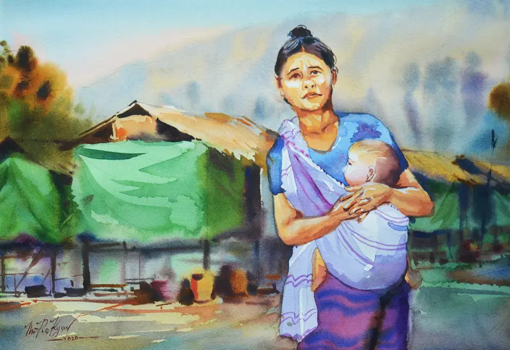 Conflict in Myanmar’s Rakhine State has uprooted some 227,000 people since late 2018. Aid access is restricted in many areas. Illustration by Thu Ra Kyaw / TNH.