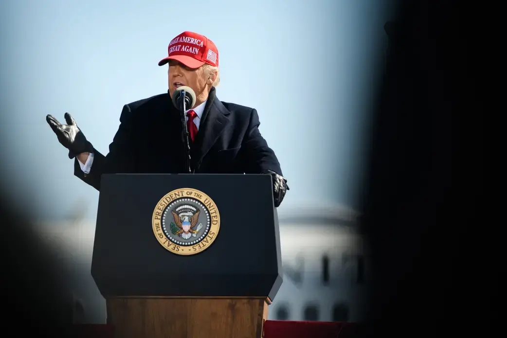 President Donald Trump gives a speech. Image by Stratos Brilakis / Shutterstock. United States, 2020.