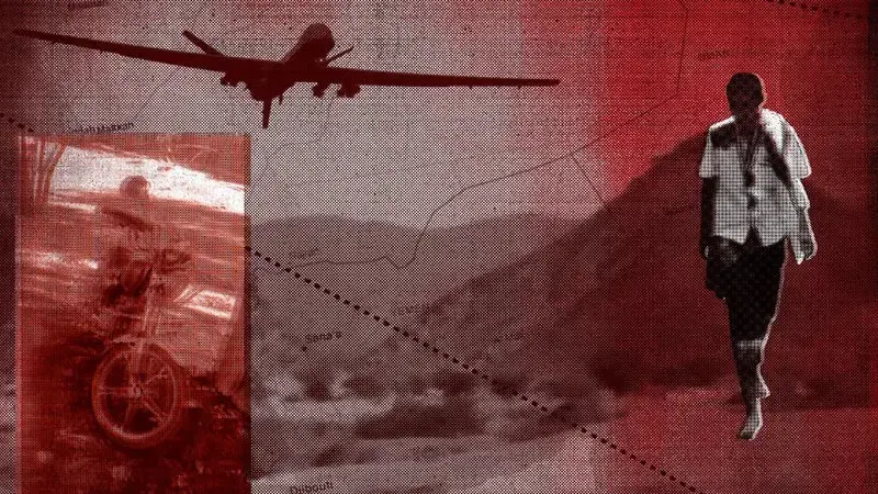 A photo illustration depicting a motorcycle, Yemeni boy and drone in a Yemen landscape. Image by Peter Hamlin from AP Photo Illustration.