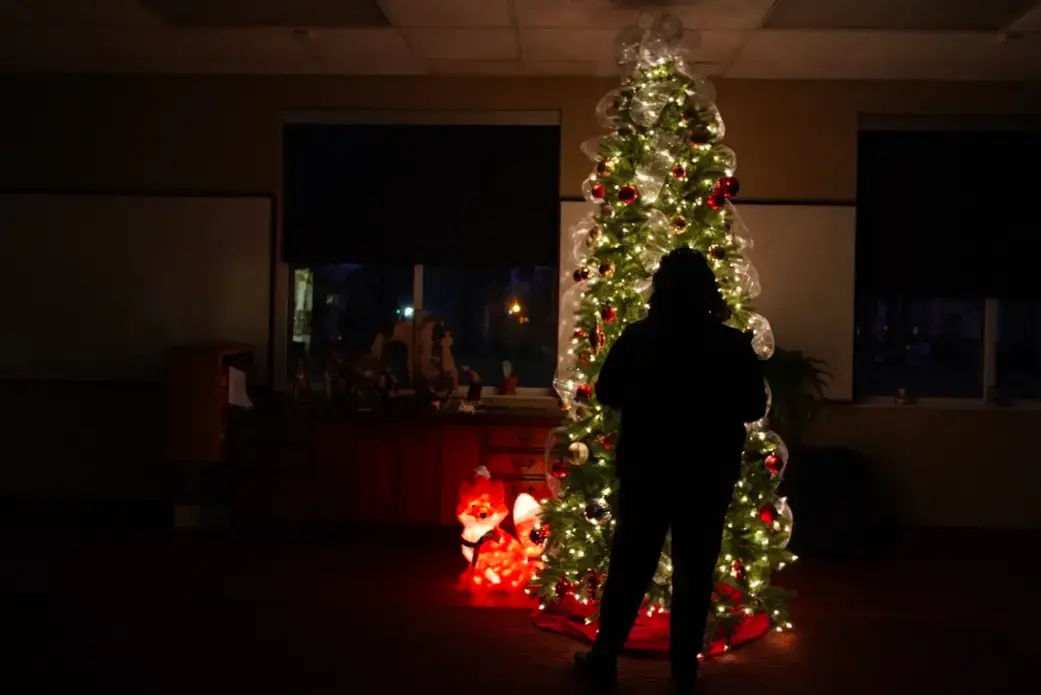 A Memphis victim of domestic violence stands in the glow of a Christmas tree in a Mid-South shelter. She escaped her abuser but is isolated from family over the holidays. Severe cases of domestic violence are on the rise during the pandemic. Image by Karen Pulfer Focht/Special to Daily Memphian. United States, 2020.