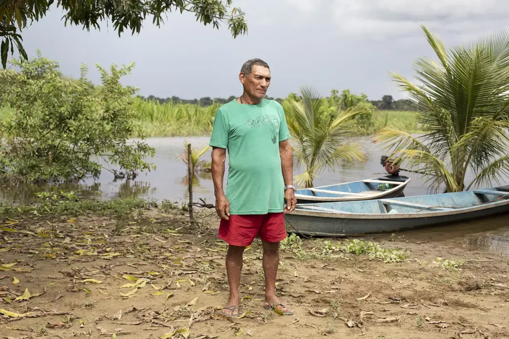 On the Brazilian side of the Mamoré, across from San Lorenzo, the Medero family lives on a plot of land that they call Deus Que Me Deu, or What God Gave Me. They live principally by farming, despite the fact that they're fishermen and could access paiche easily. Conservation law makes fishing paiche in Brazil, where the fish is technically considered threatened, illegal, despite the fact that the fish was never actually native to this part of the Brazilian Amazon. Image by Felipe Luna. Bolivia, 2018.