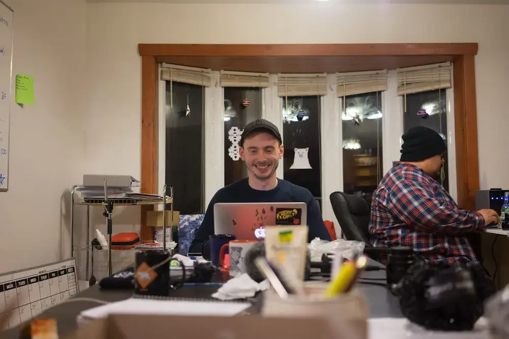Andrew Morrison of the The Jerry Cans and Josh Qaumariaq of The Trade-Offs, another band on Aakuluk Music. Image by Nick Mott. Canada, 2018.
