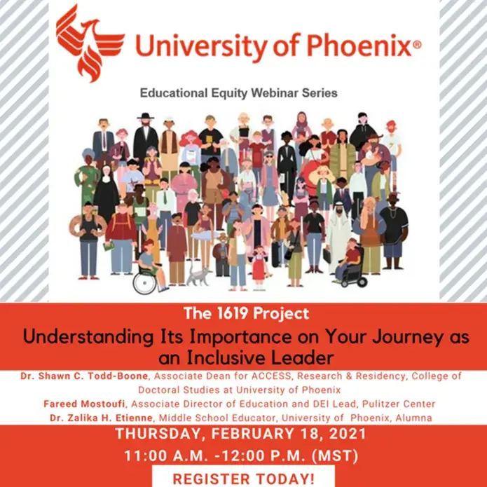 This image shares the description, date, and panelists for the webinar "The 1619 Project: Understanding Its Importance On Your Journey As An Inclusive Leader"