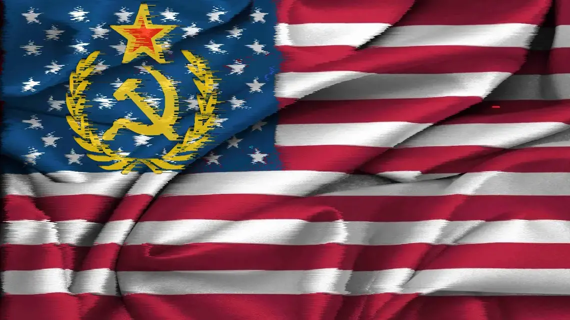 A Soviet Union symbol atop the American flag.