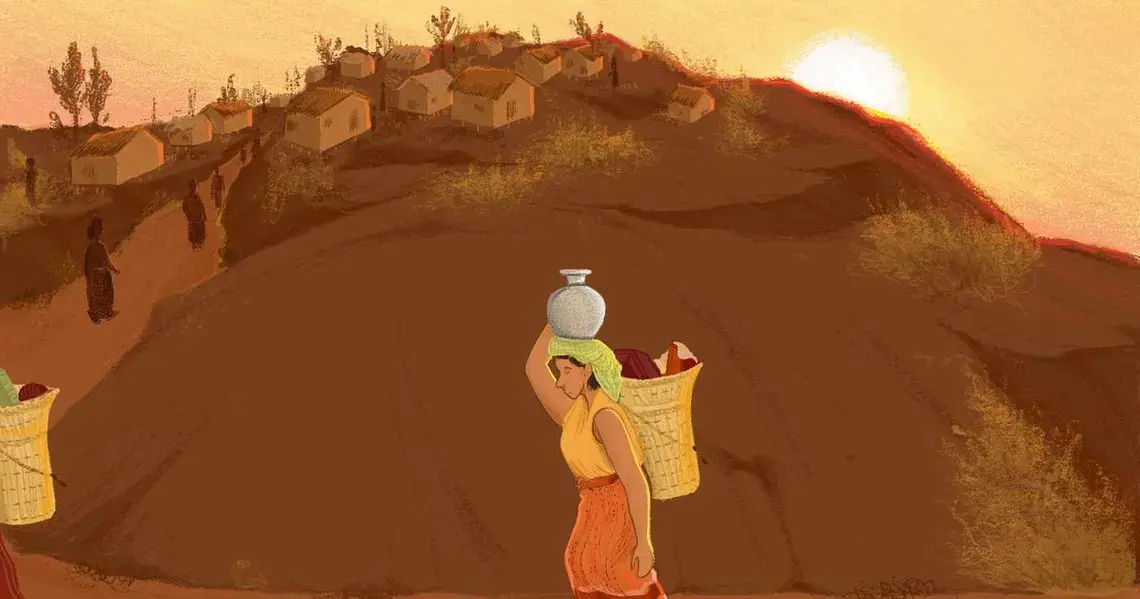 A drawing of a woman carrying water in a carafe on her head and supplies in a basket on her back