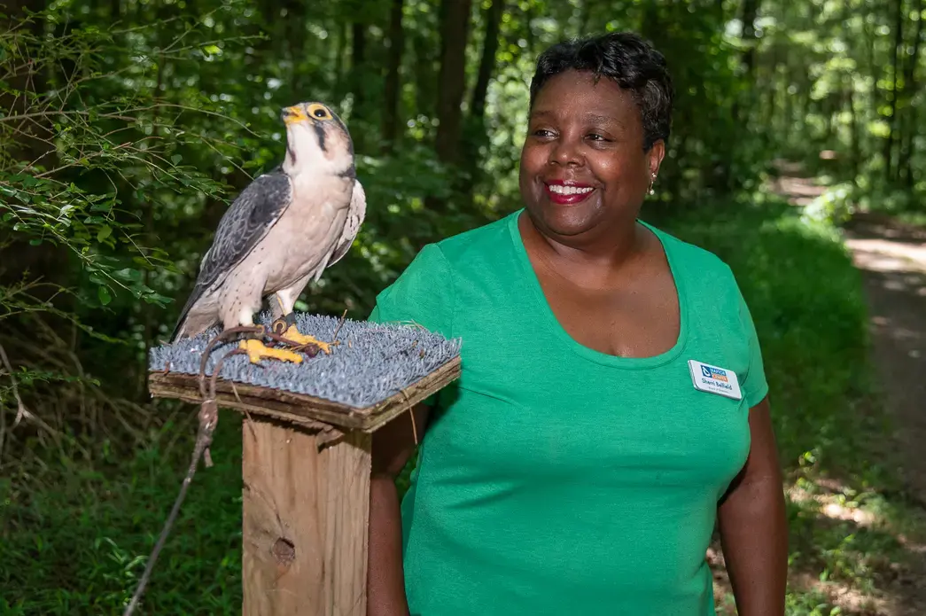 A smiling woman and a bird on a level pedestal look to frame left.