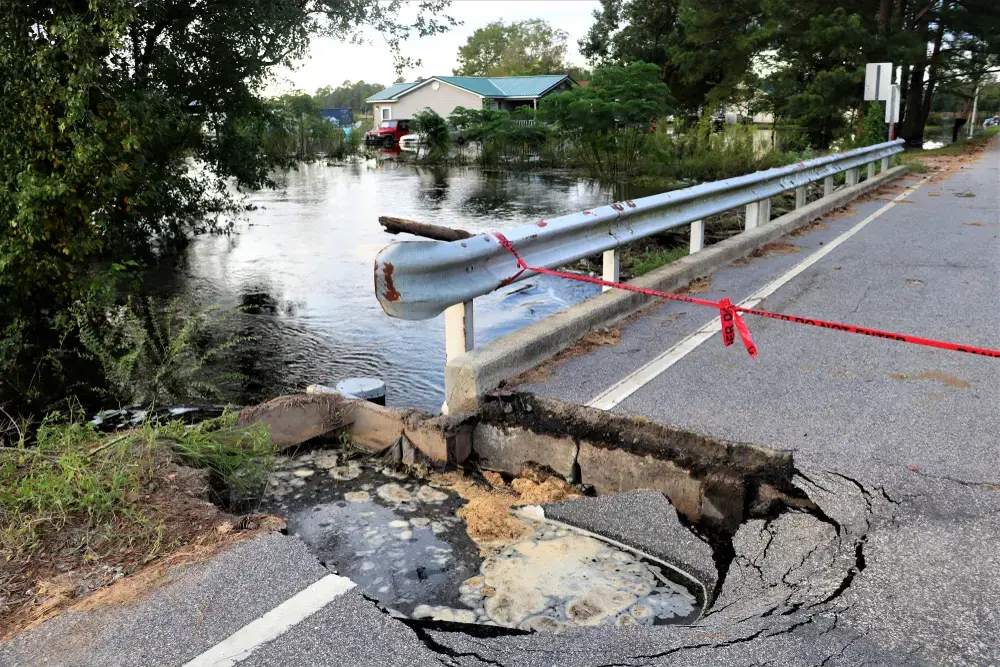 Bridge collapse near Lumberton, North Carolina, due to water rising from Hurricane Florence. United States, 2018.