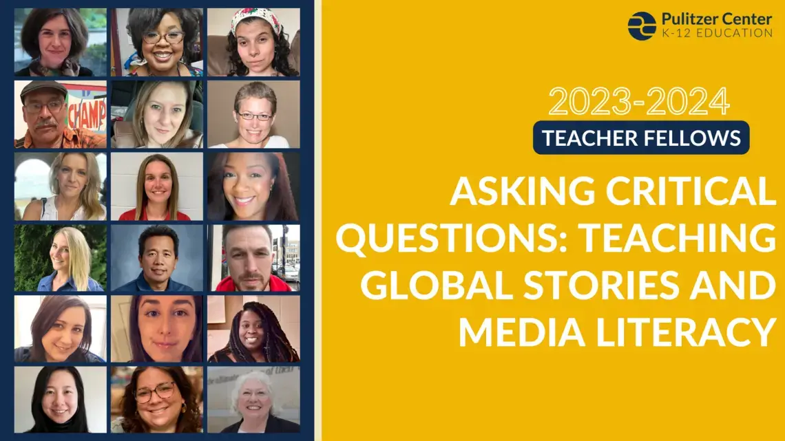 Yellow background with the title of the blog and headshots for the 18 teacher fellows stacked in a grid