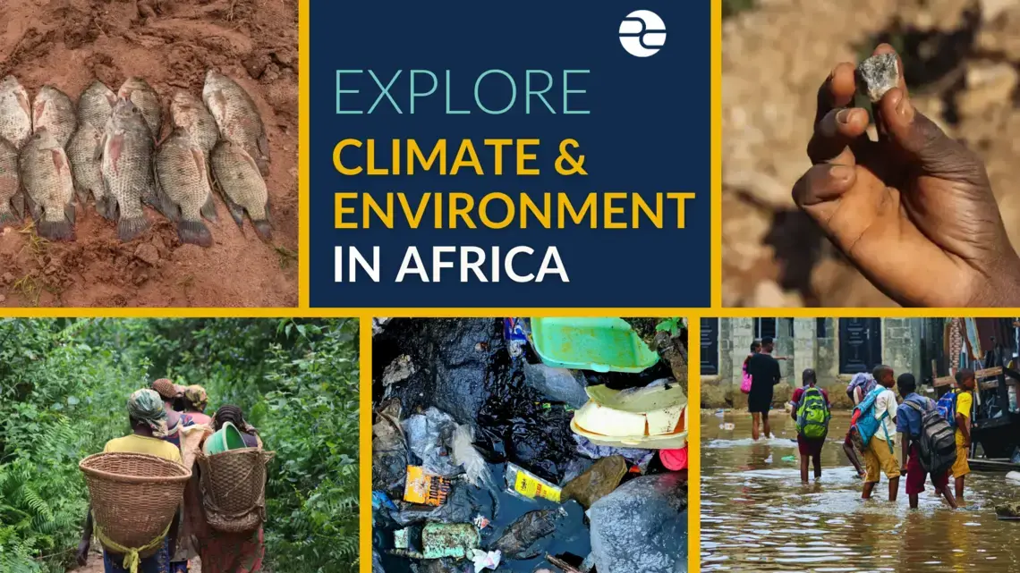 A collage graphic featuring five vibrantly colored photos and the text "Explore Climate and Environment in Africa"