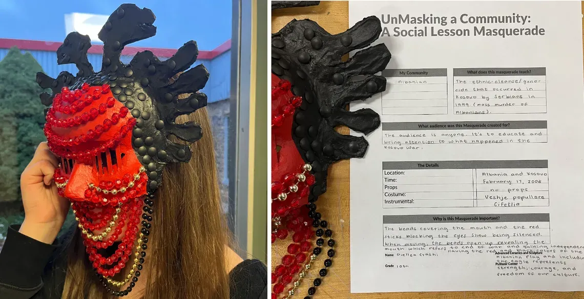 A composite image of a student-created mask and the worksheet the student used to design the mask based on their analysis of global reporting.