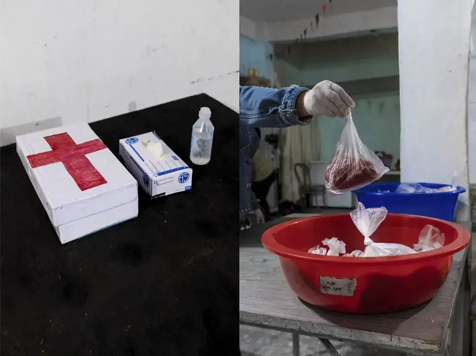 In the “Las guerreras del FOL” soup kitchen, a volunteer portions out a daily allotment of meat for a small family. Image by Anita Pouchard Serra. Argentina, 2020.