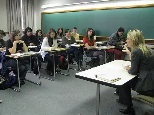 Rebecca Hamilton speaking to a journalism class at Ohio University.